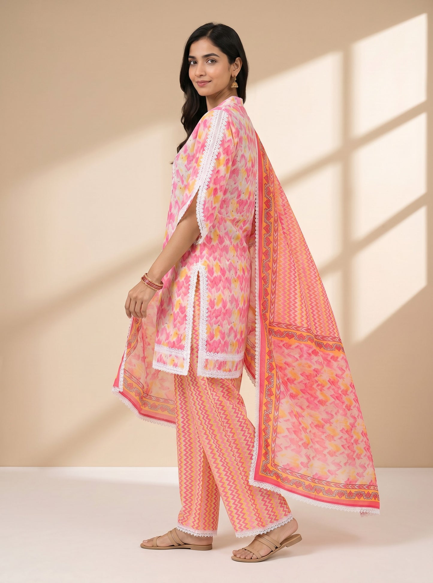 Blush Chevron Lace Kurta Set with Printed Dupatta