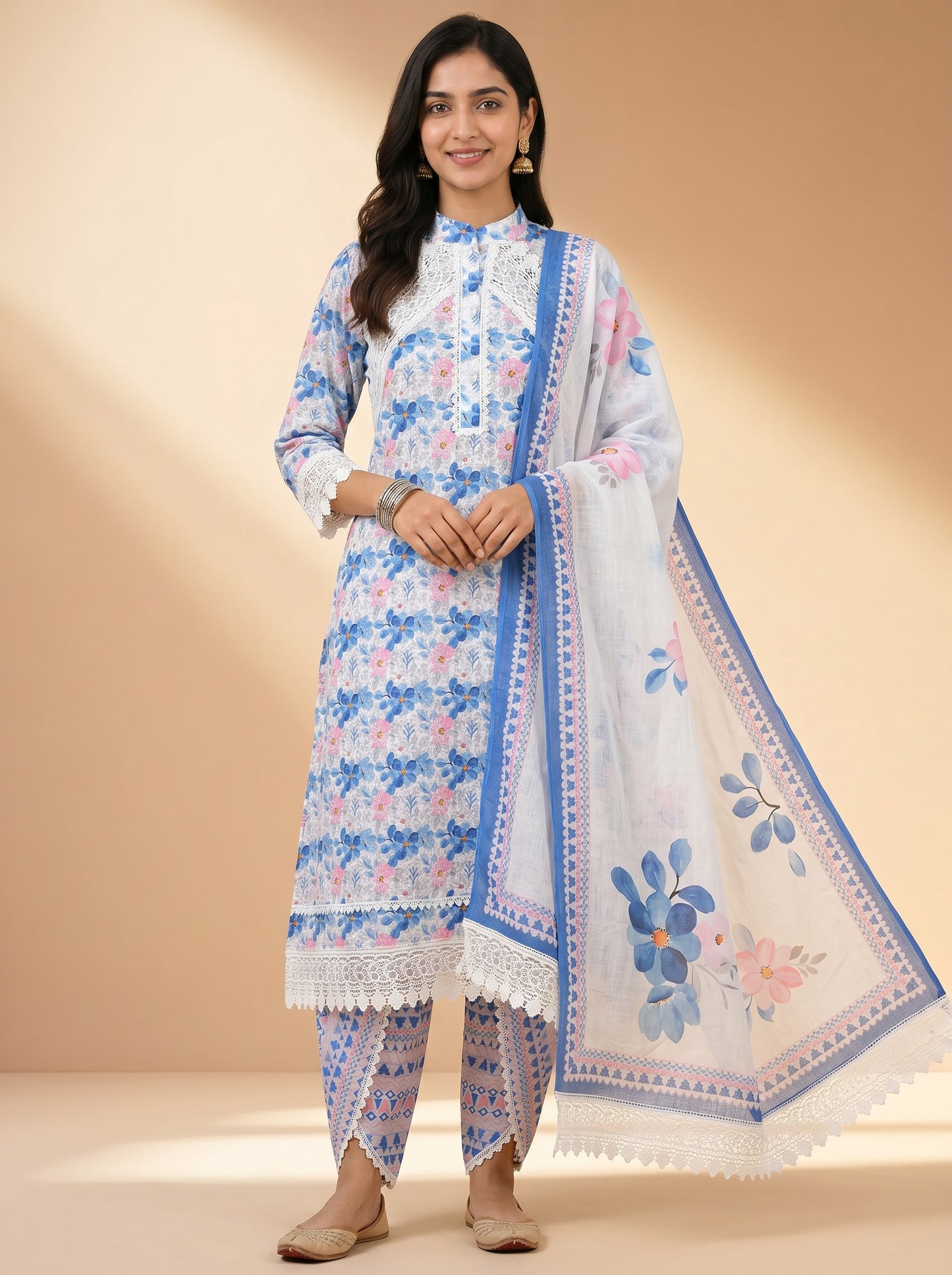 Azure Bloom Lace Kurta Set with Floral Dupatta