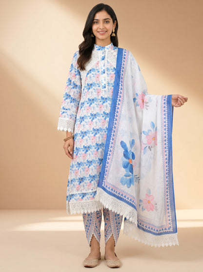 Azure Bloom Lace Kurta Set with Floral Dupatta