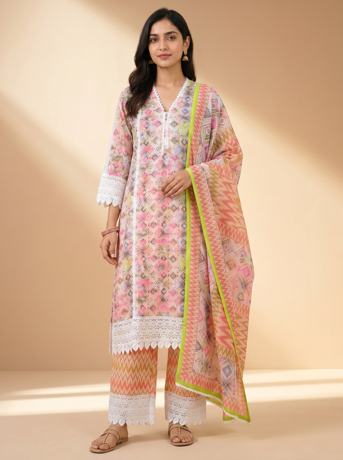 Sunset Mosaic Lace Kurta Set with Printed Dupatta