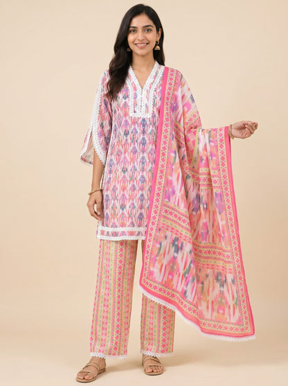 Rosé Ikat Lace Kurta Set with Printed Dupatta