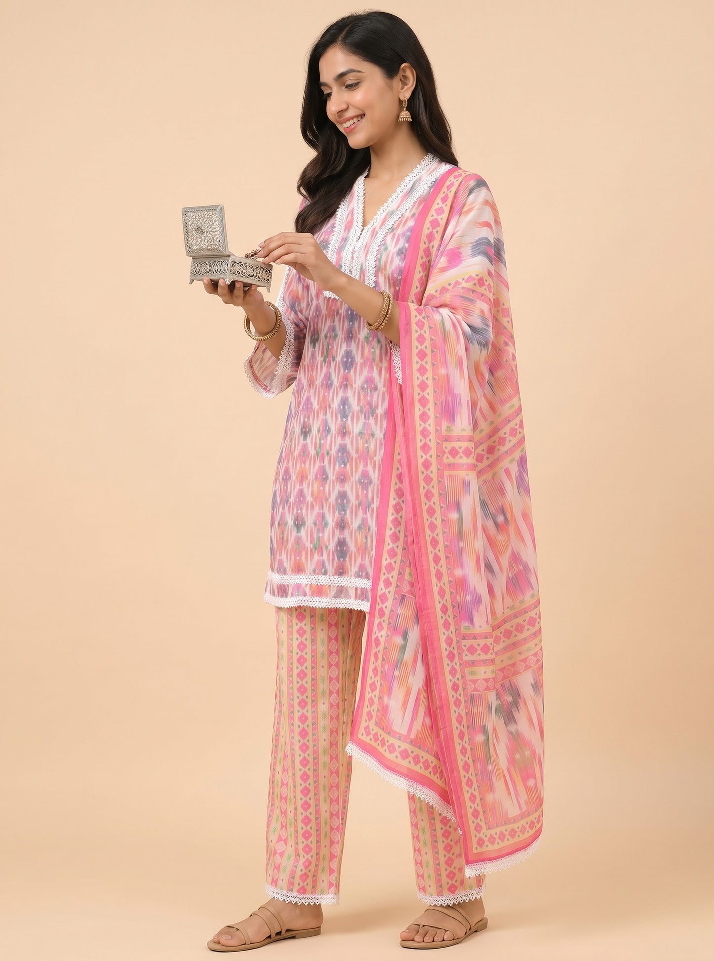 Rosé Ikat Lace Kurta Set with Printed Dupatta