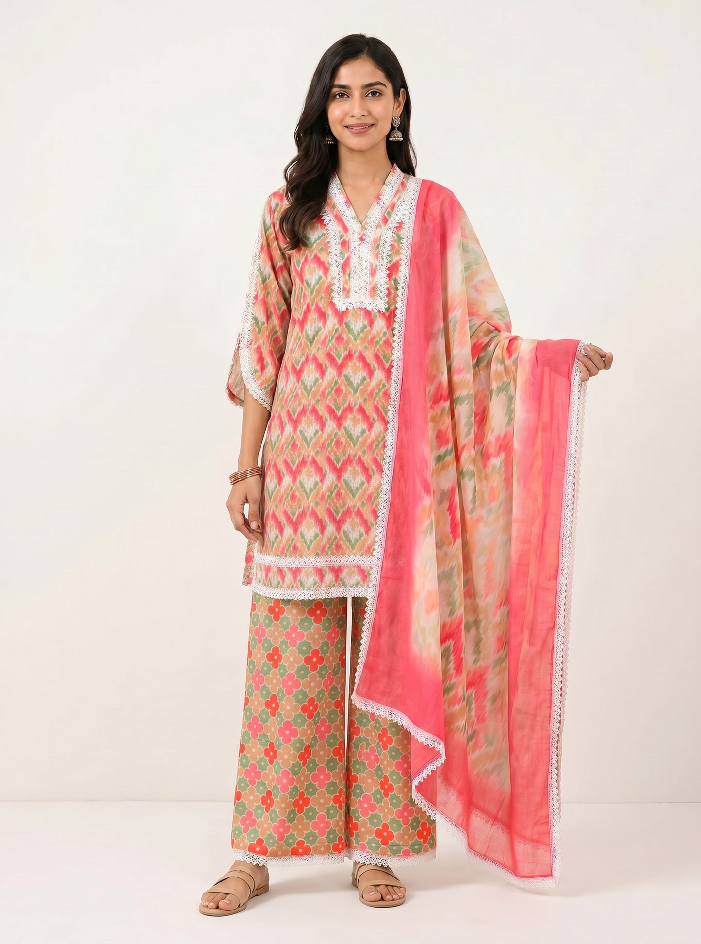 Coral Ikat Bloom Lace Kurta Set with Printed Dupatta