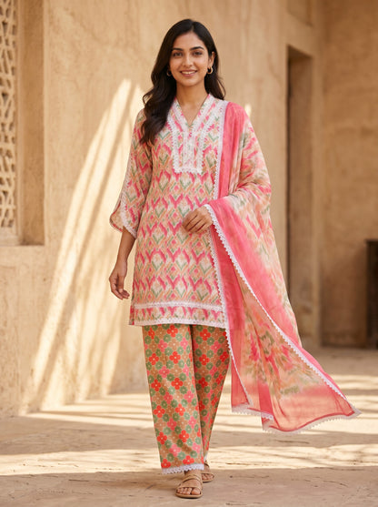 Coral Ikat Bloom Lace Kurta Set with Printed Dupatta