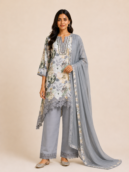 Ethereal Mist Grey Floral Couture Kurta Set with Chantilly Lace & Chiffon Dupatta