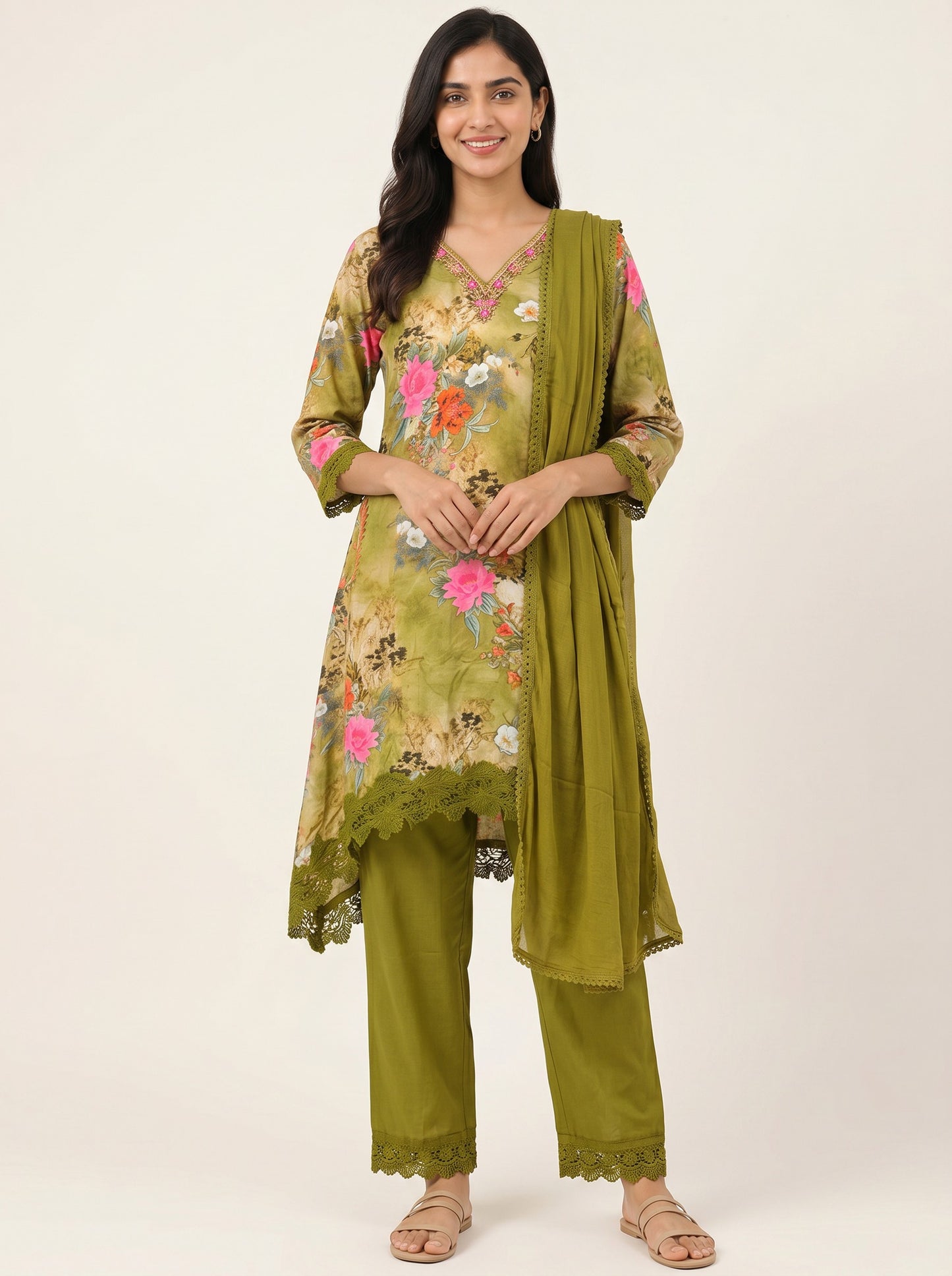 Verdant Bloom Floral Couture Kurta Set with Embroidered Neckline & Chiffon Dupatta