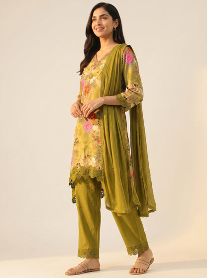 Verdant Bloom Floral Couture Kurta Set with Embroidered Neckline & Chiffon Dupatta