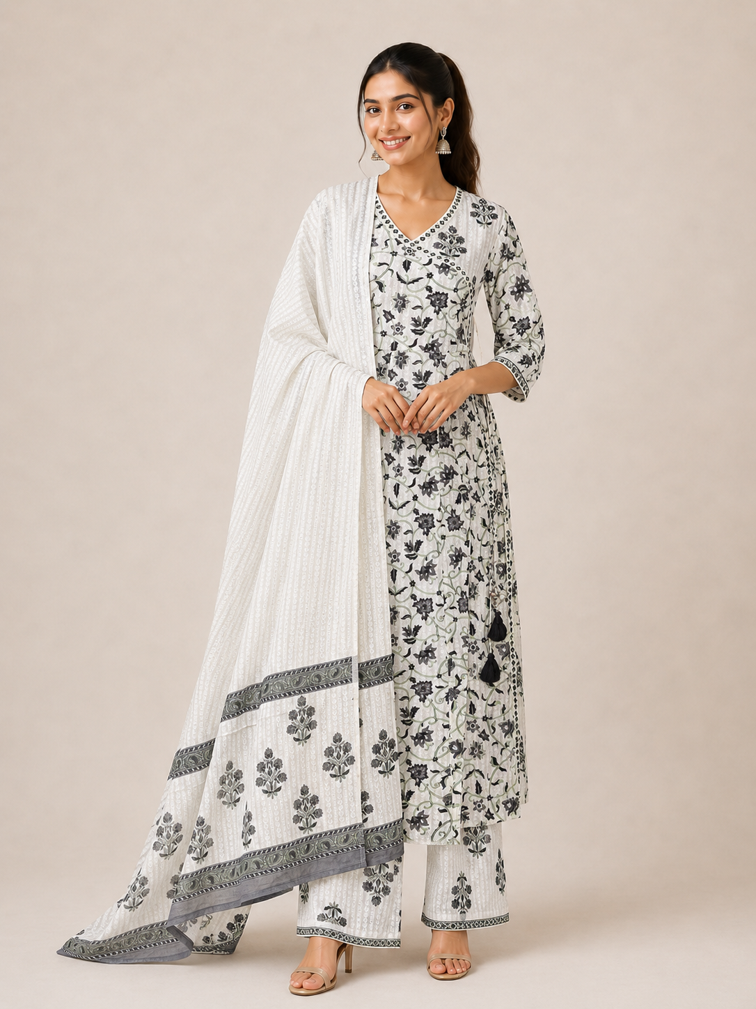 Ivory Noir Floral Couture Kurta Set with Handcrafted Tassels & Printed Dupatta