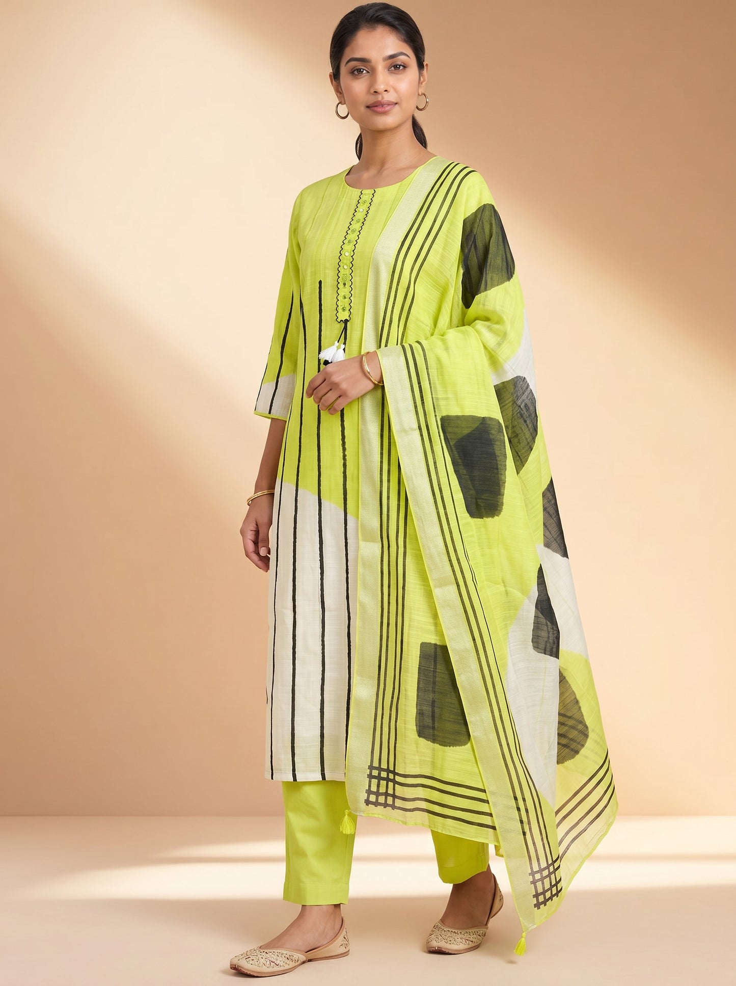 Lime Noir Abstract Kurta Pant Set with Printed Dupatta