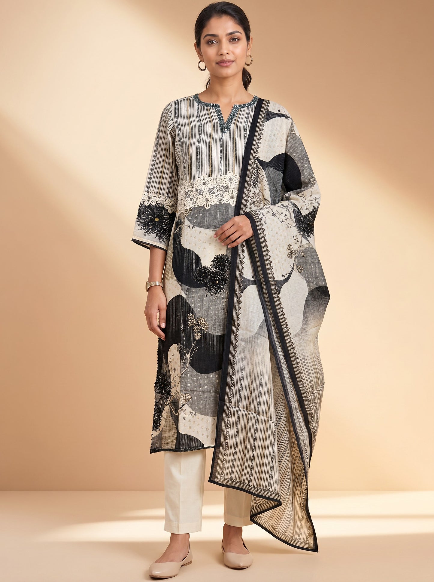 Noir Ivory Abstract Kurta Pant Set with Printed Dupatta