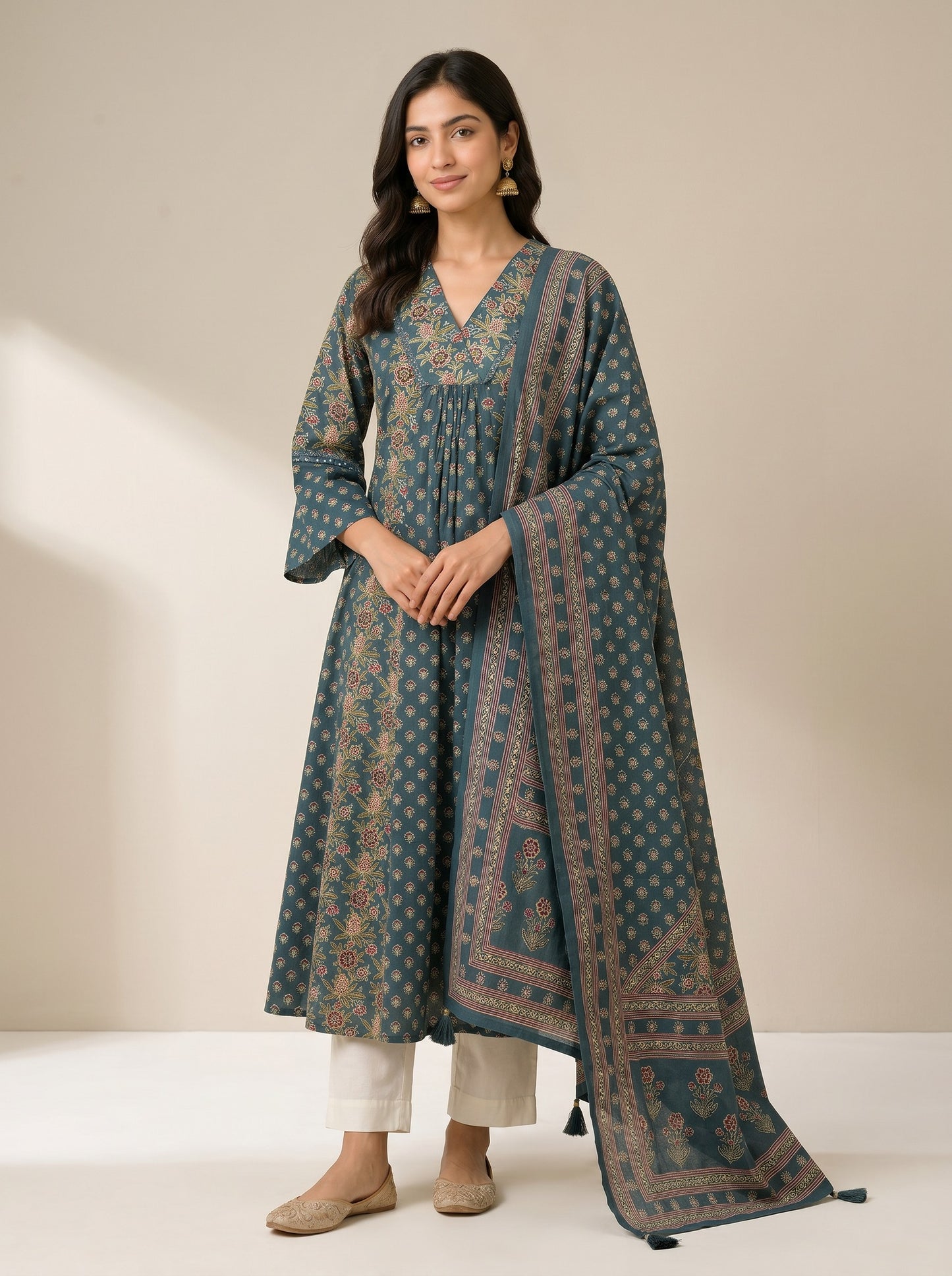 Teal Zariya Floral Anarkali Kurta Set with Printed Dupatta