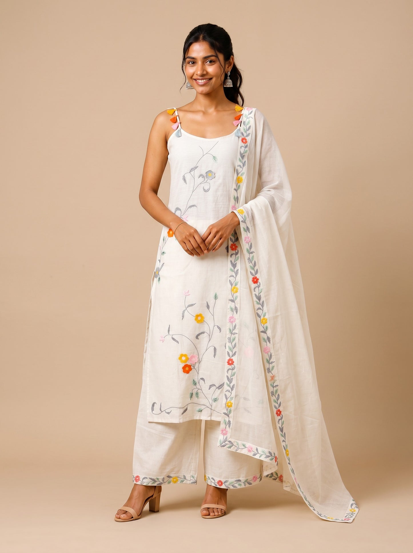 Ivory Gulnaar Embroidered Kurta Palazzo Set with Dupatta