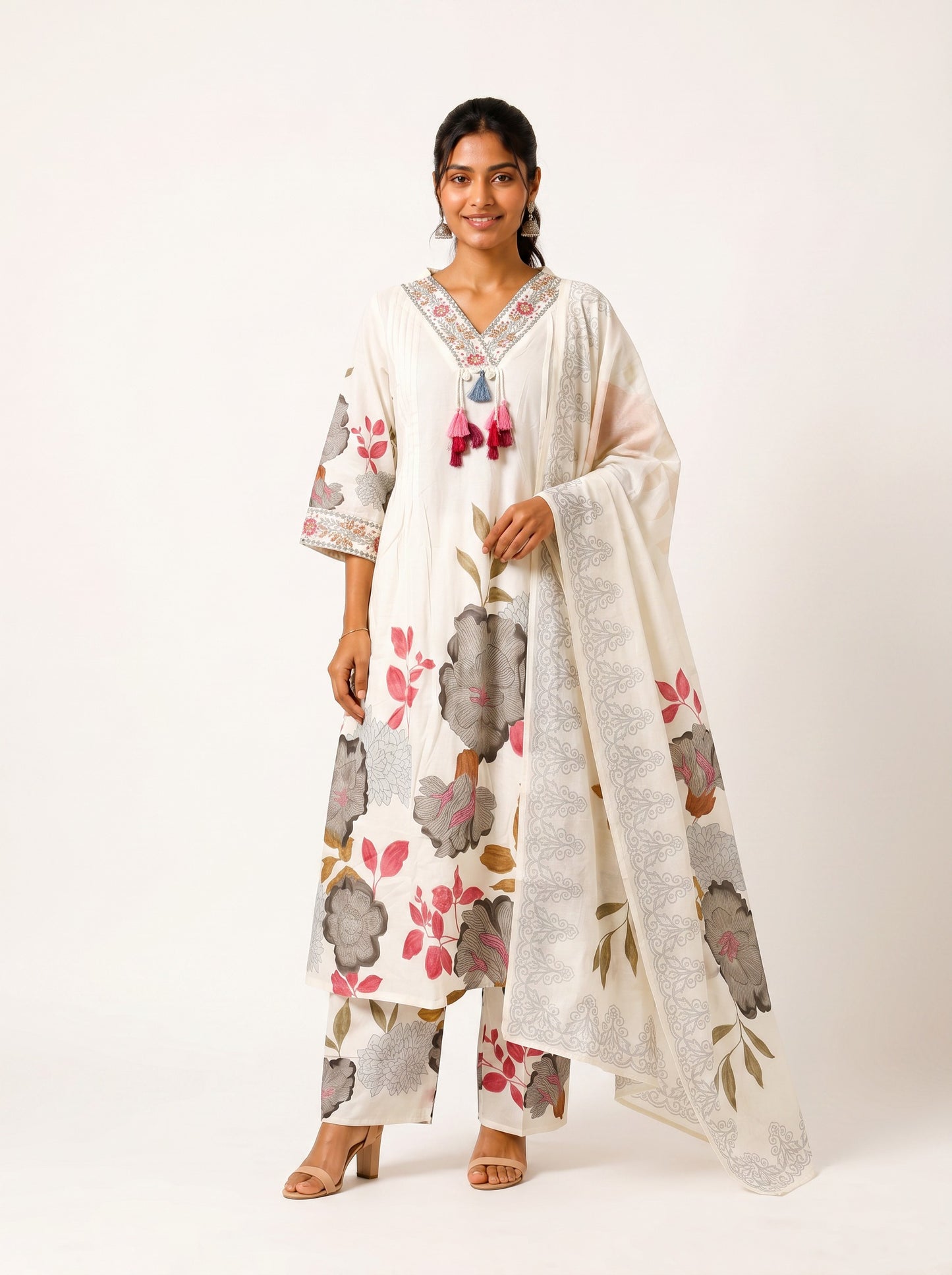 Ivory Roselle Floral Kurta Palazzo Set with Printed Dupatta