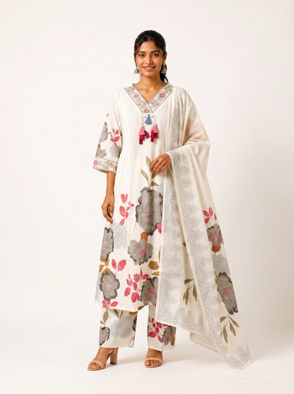 Ivory Roselle Floral Kurta Palazzo Set with Printed Dupatta