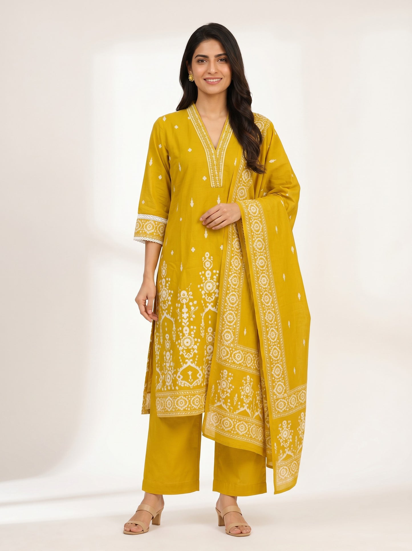 Mustard Noor Printed Kurta Palazzo Set with Dupatta