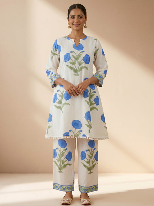 Azure Blue Bloom Ivory – Hand Block Printed Cotton Co-ord Set