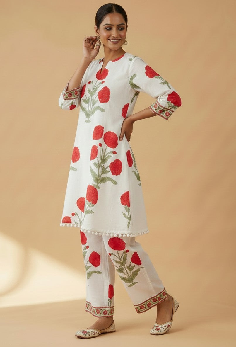 Crimson Bloom Ivory – Hand Block Printed Cotton Co-ord Set
