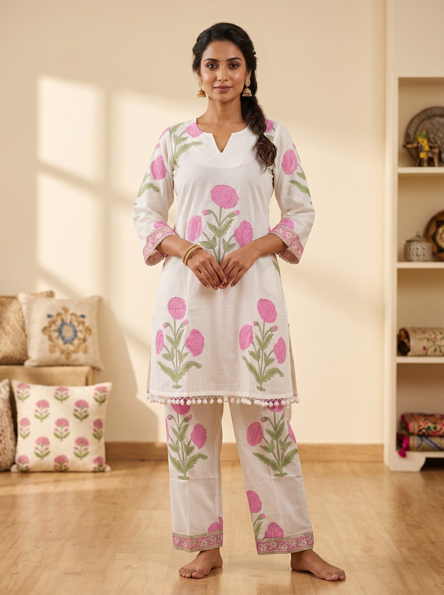 Pink Bloom Ivory – Hand Block Printed Cotton Co-ord Set