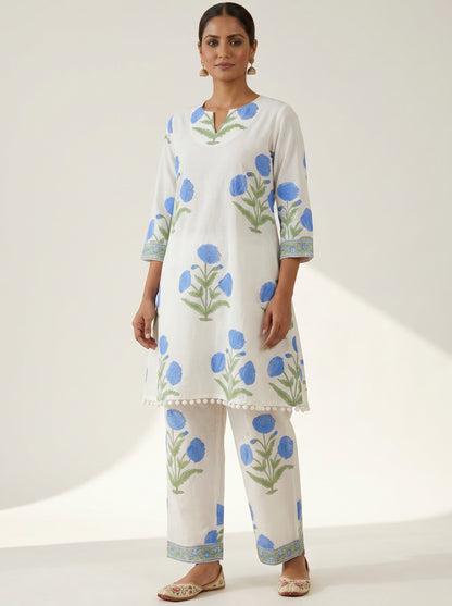 Azure Blue Bloom Ivory – Hand Block Printed Cotton Co-ord Set