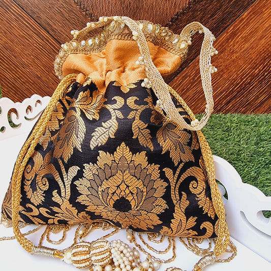 Brocade Silk Hand Potli / Hand Purse Black and Gold - Urban Roots