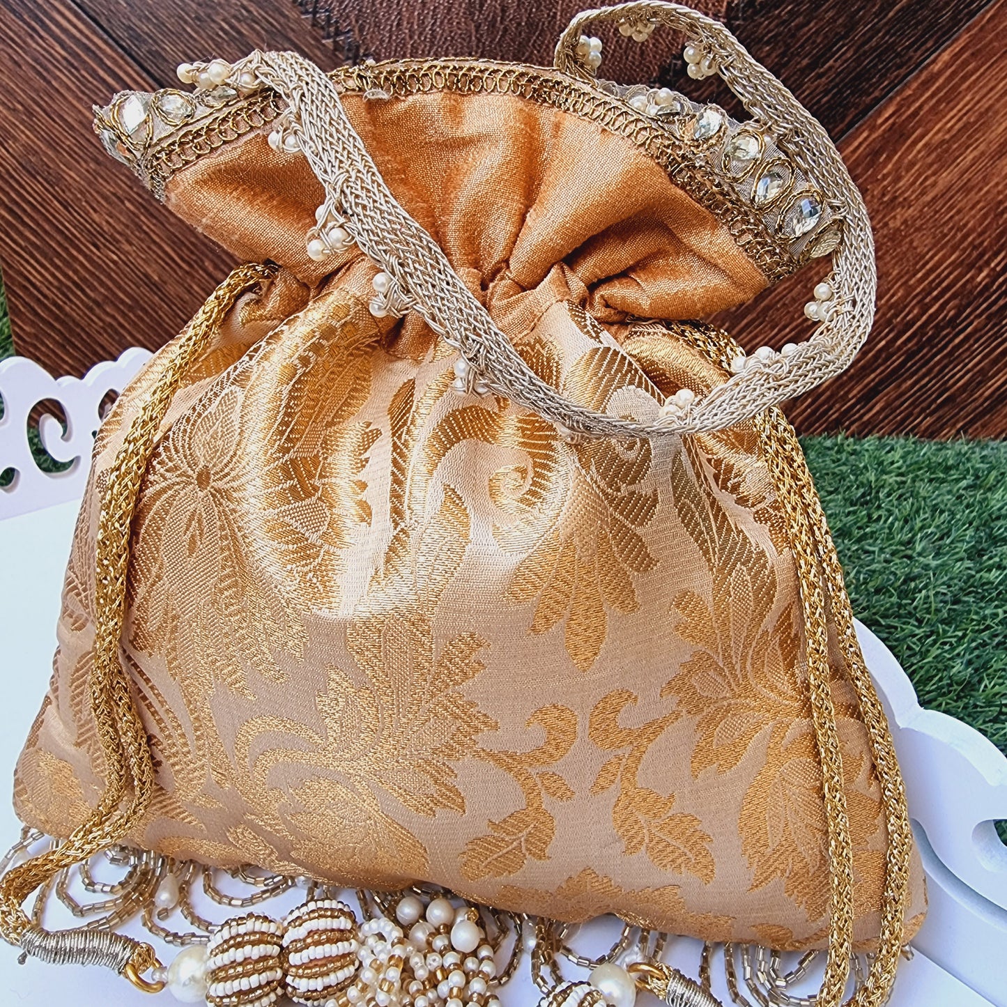 Brocade Silk Hand Potli / Hand Purse Gold - Urban Roots