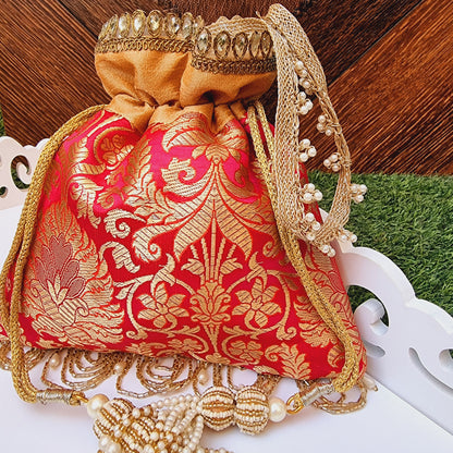 Brocade Silk Hand Potli / Hand Purse Red and Gold - Urban Roots