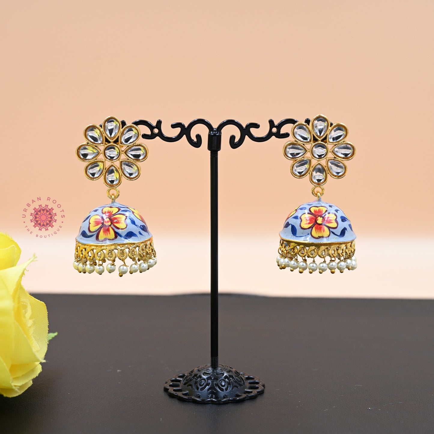 Hand Painted Kundan Stone Jhumkas