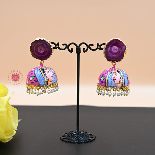 Hand Painted Mughal Design Agate Stone Jhumkas