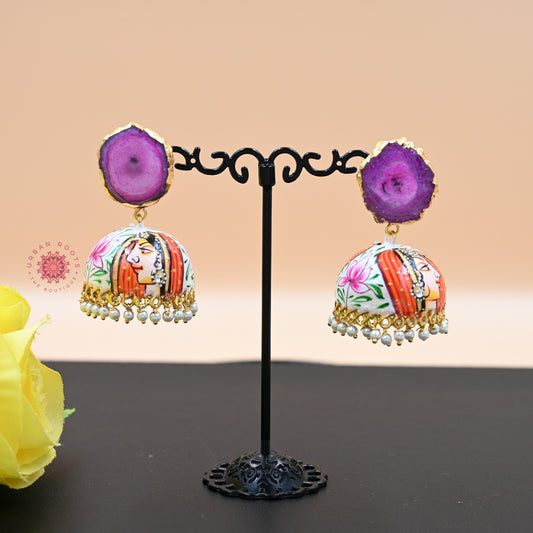 Hand Painted Mughal Design Agate Stone Jhumkas