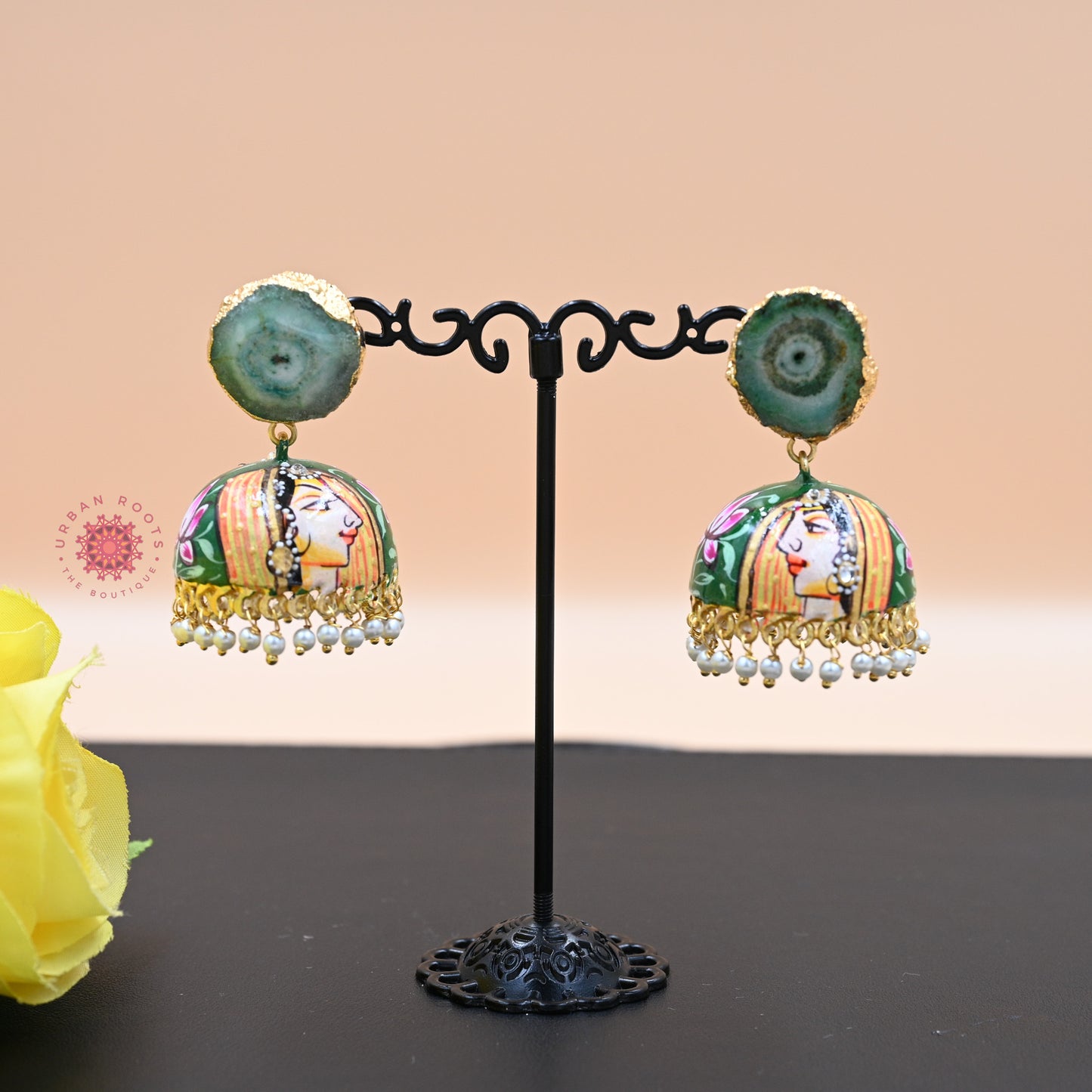 Hand Painted Mughal Design Agate Stone Jhumkas