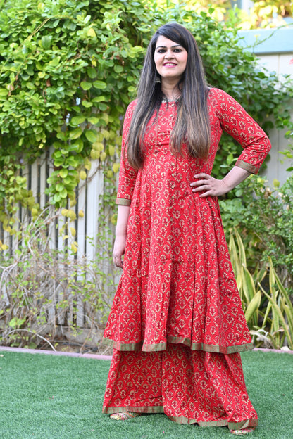 Hand Block Printed Red Sharara Set - Urban Roots