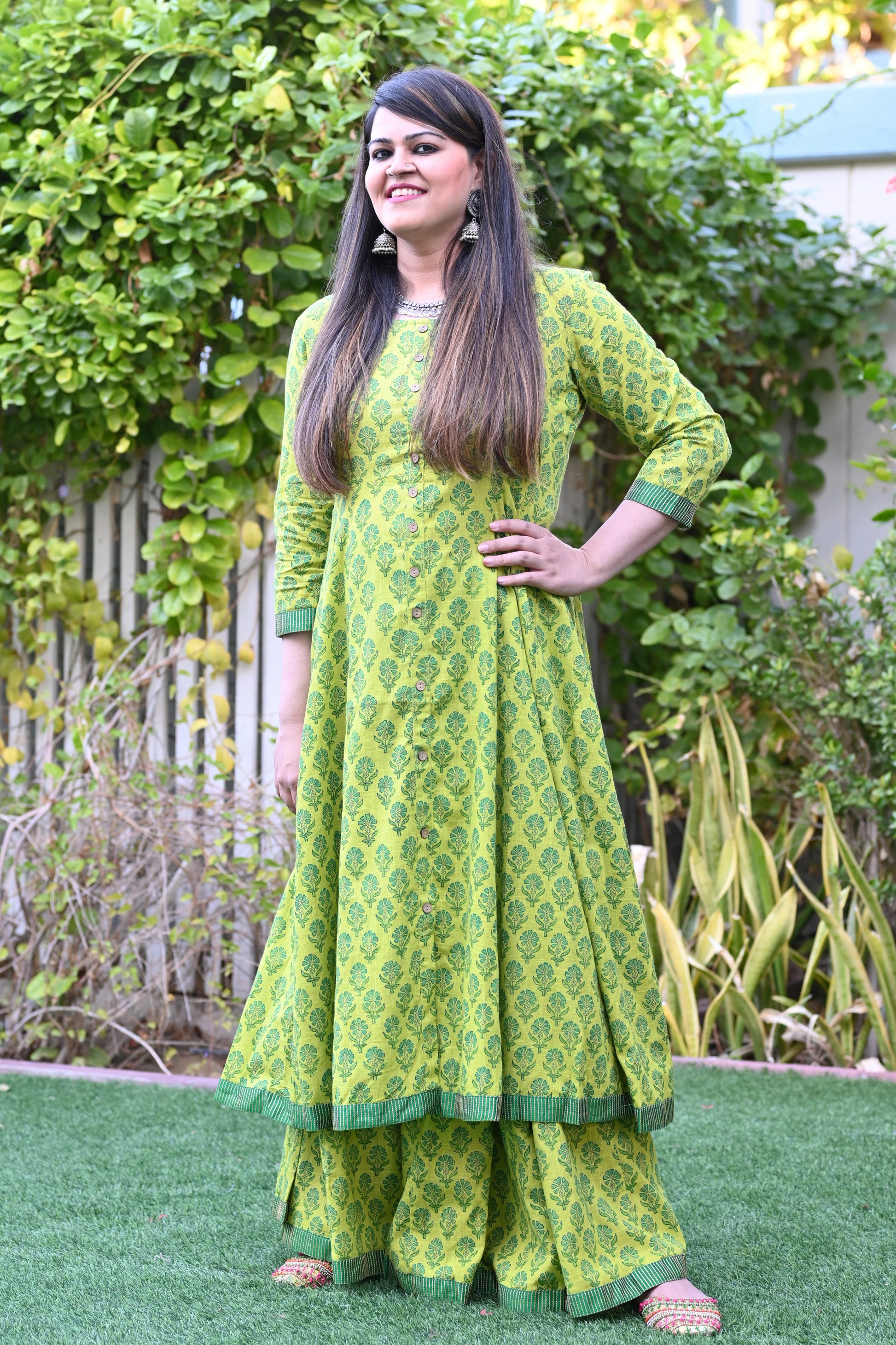 Hand Block Printed Green Sharara Set - Urban Roots