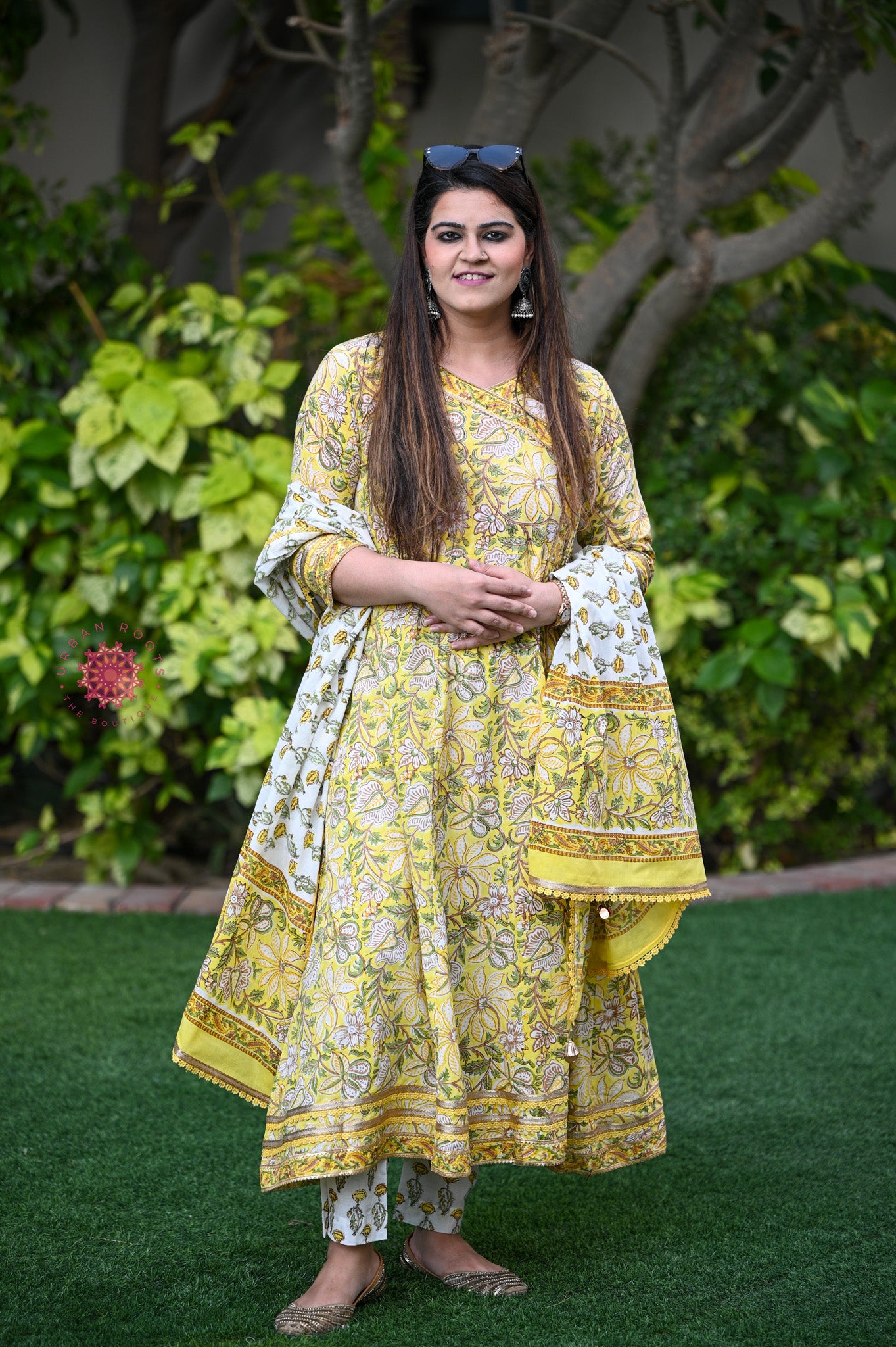 Block Printed Angrakha / Anarkali Style Suit With Straight Pants