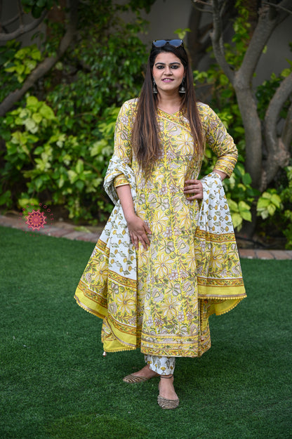 Block Printed Angrakha / Anarkali Style Suit With Straight Pants