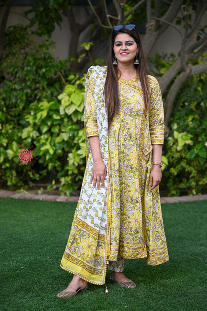 Block Printed Angrakha / Anarkali Style Suit With Straight Pants