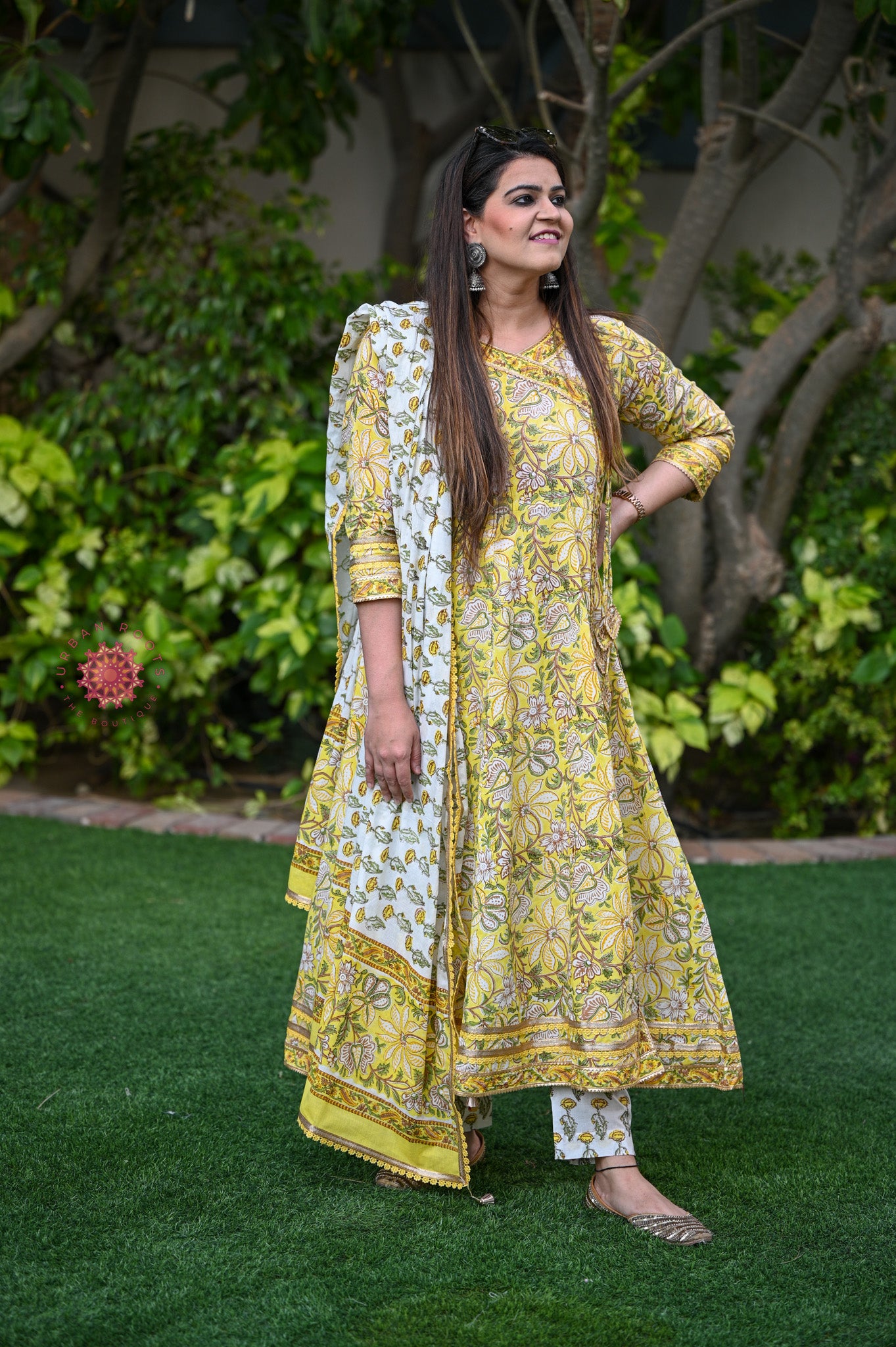 Block Printed Angrakha / Anarkali Style Suit With Straight Pants