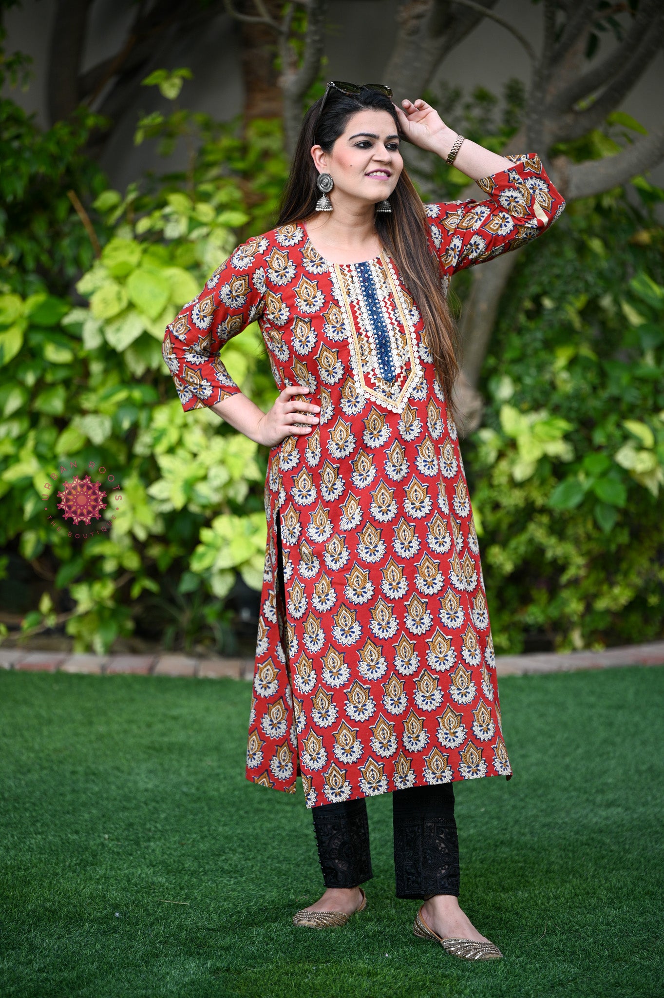 Block Printed Stitched Cotton Kurti With Gota / Lace Work