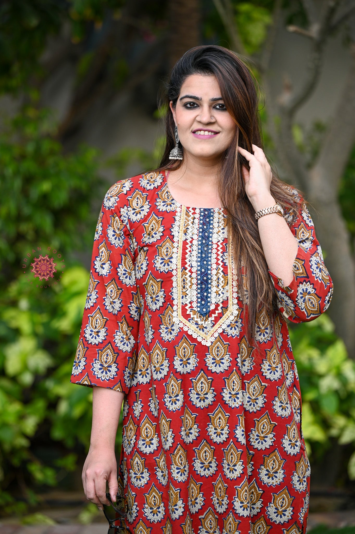 Block Printed Stitched Cotton Kurti With Gota / Lace Work