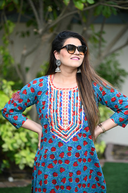 Block Printed Stitched Cotton Kurti With Gota / Lace Work