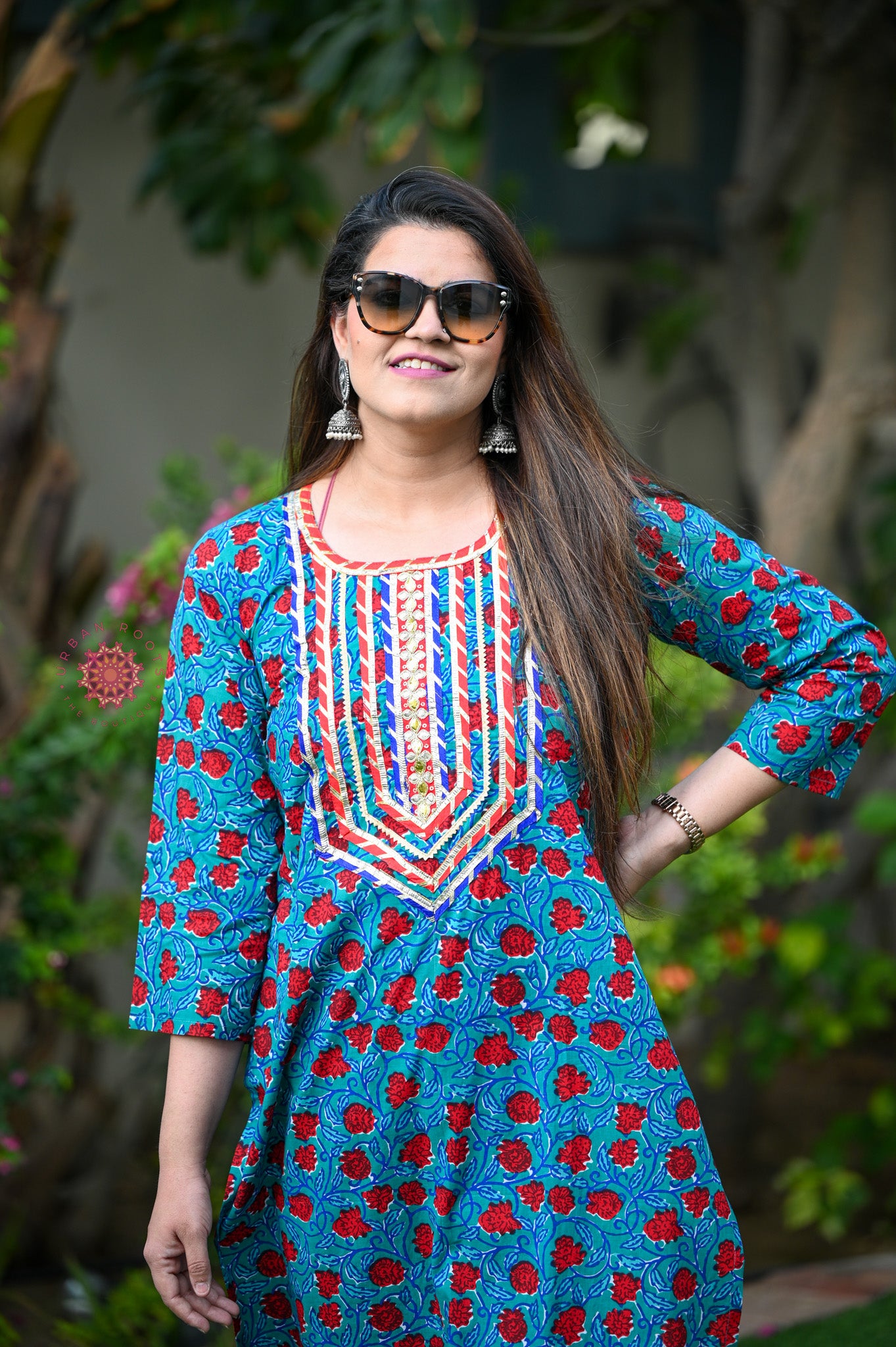 Block Printed Stitched Cotton Kurti With Gota / Lace Work