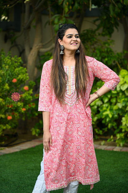 Block Printed Stitched Cotton Kurti With Gota / Lace Work