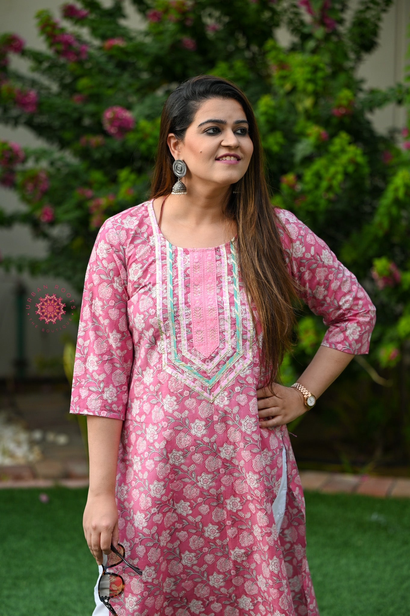 Block Printed Stitched Cotton Kurti With Gota / Lace Work