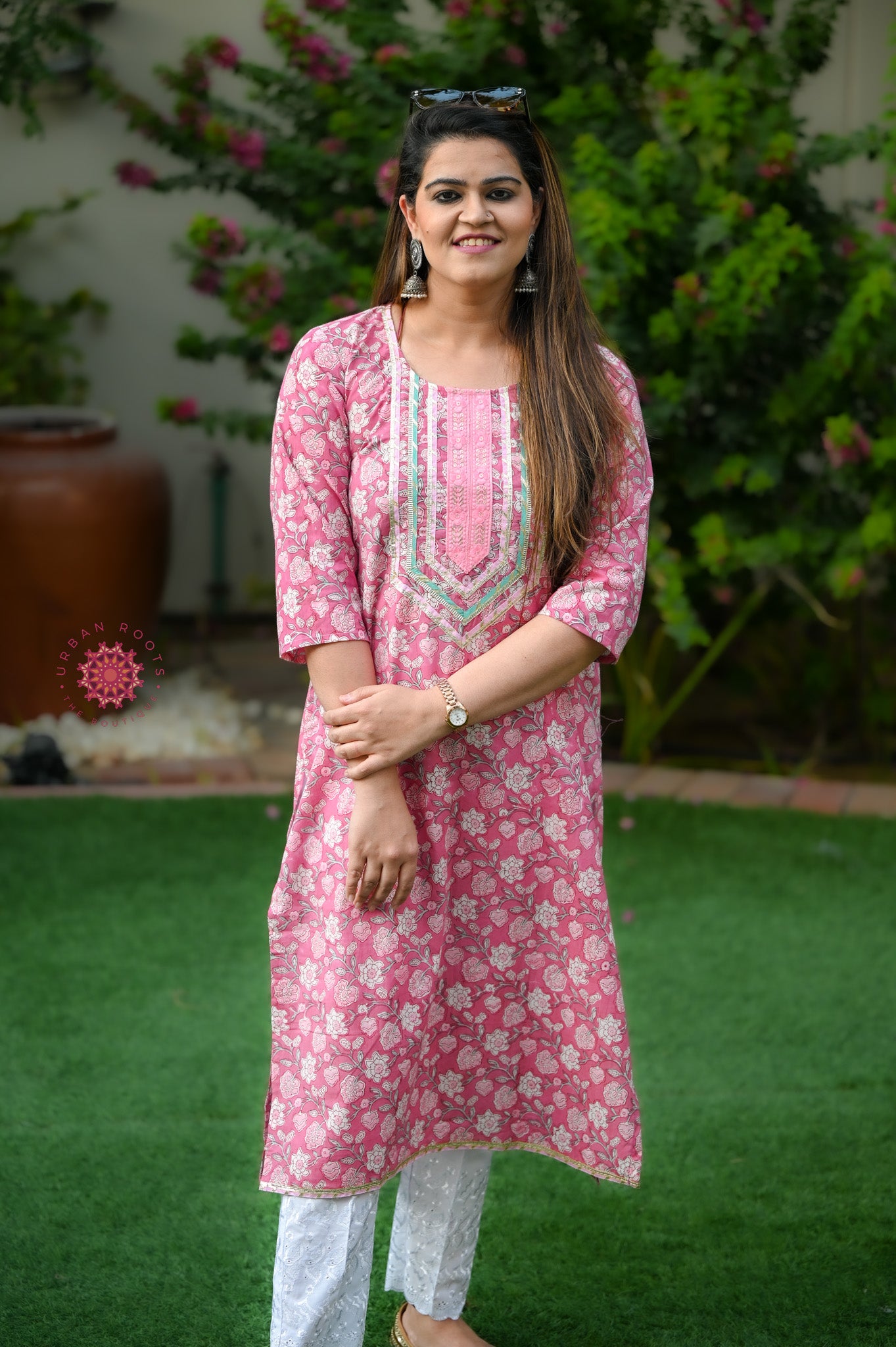 Block Printed Stitched Cotton Kurti With Gota / Lace Work