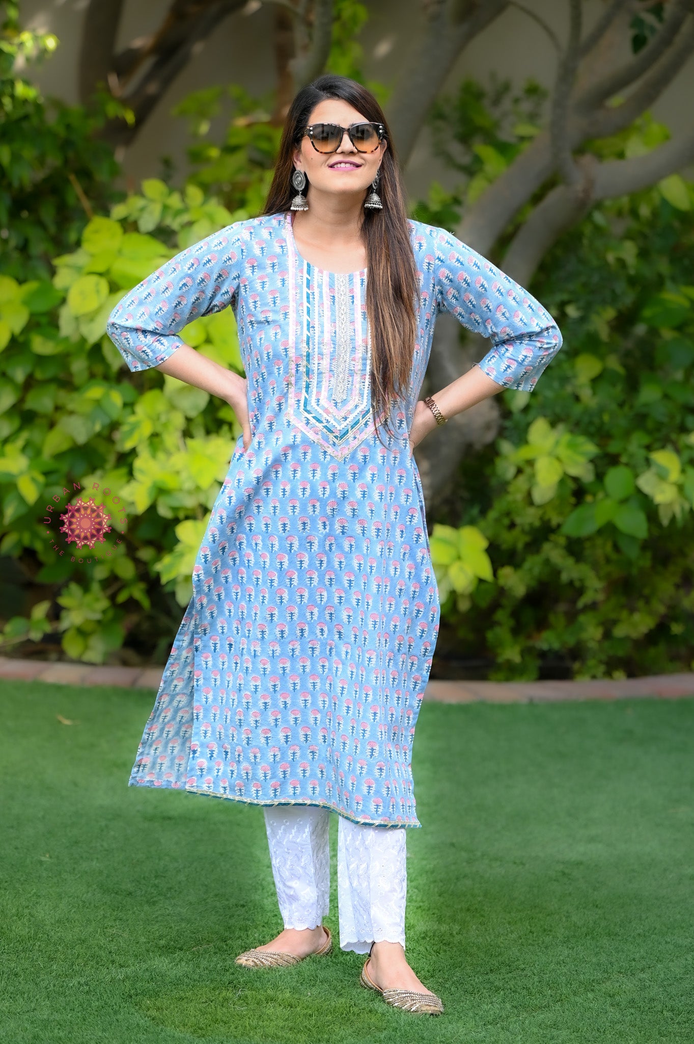 Block Printed Stitched Cotton Kurti With Gota / Lace Work