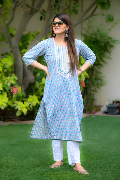 Block Printed Stitched Cotton Kurti With Gota / Lace Work