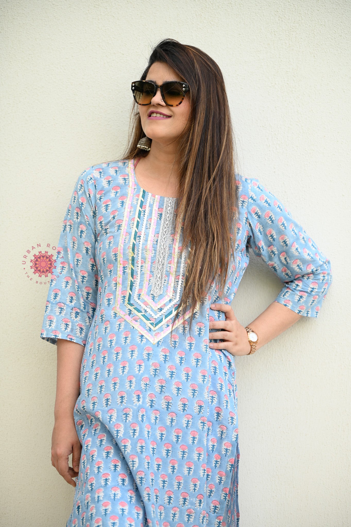 Block Printed Stitched Cotton Kurti With Gota / Lace Work