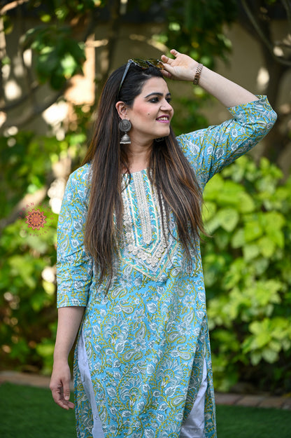 Block Printed Stitched Cotton Kurti With Gota / Lace Work