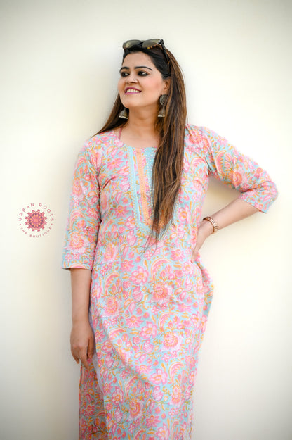 Block Printed Stitched Cotton Kurti With Gota / Lace Work