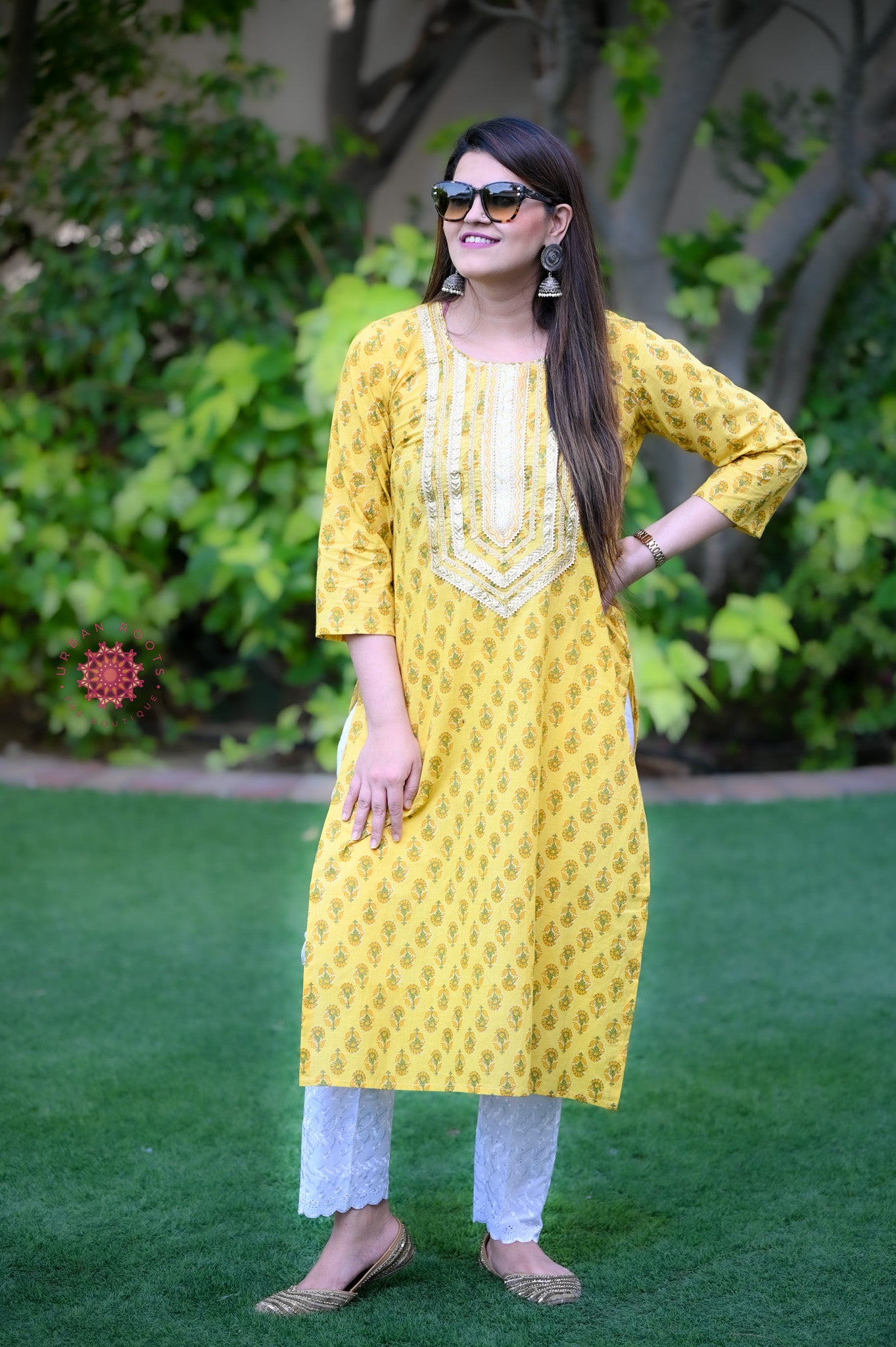 Block Printed Stitched Cotton Kurti With Gota / Lace Work