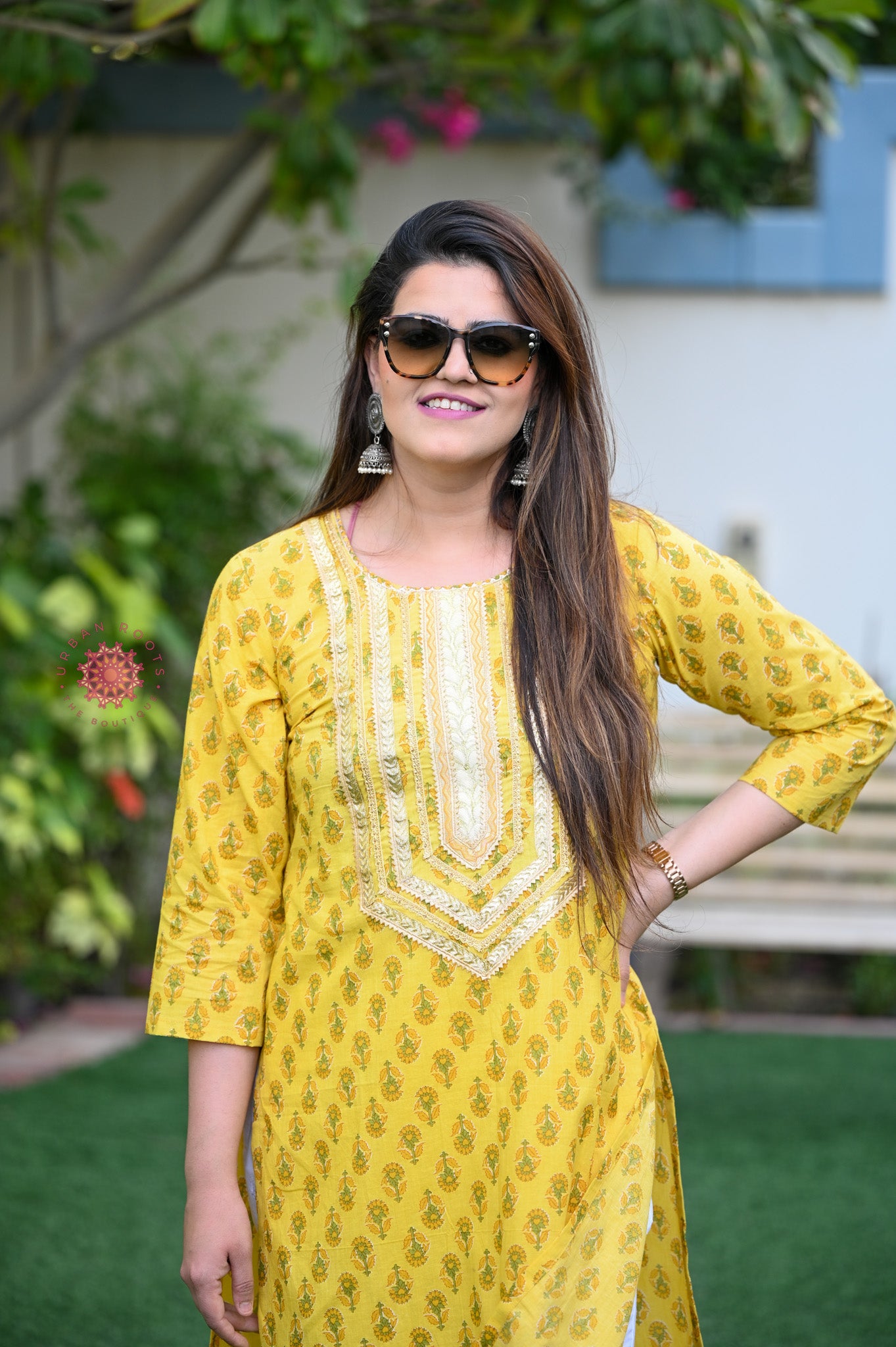 Block Printed Stitched Cotton Kurti With Gota / Lace Work